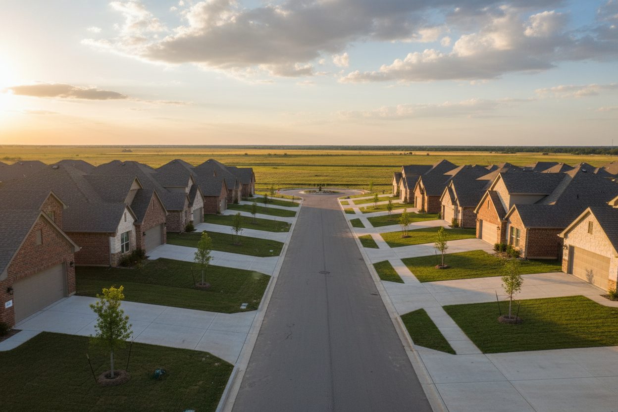 A new Broken Arrow subdivision street with brick and stone homes under a wide Oklahoma sky