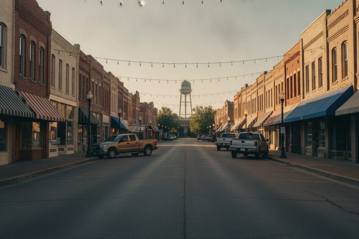 Historic brick storefronts and string lights along a small-town main street in Jenks Oklahoma
