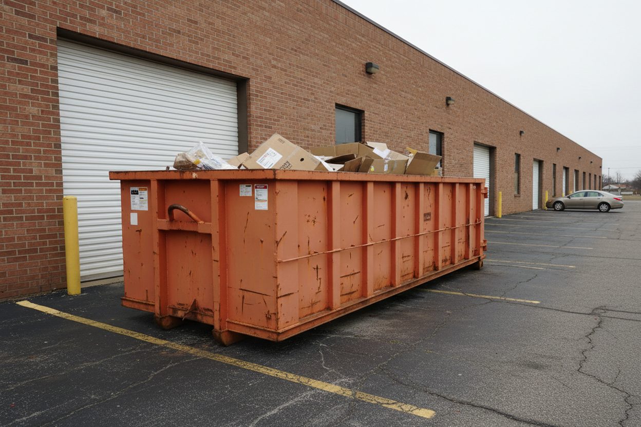 A 30 yard roll-off dumpster with flattened cardboard behind a brick retail building near a loading dock